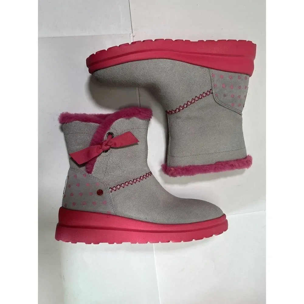 UGG Girls Knotty Boots Size 4 Youth Gray Suede Pink‎ Shearing Bow I heart
